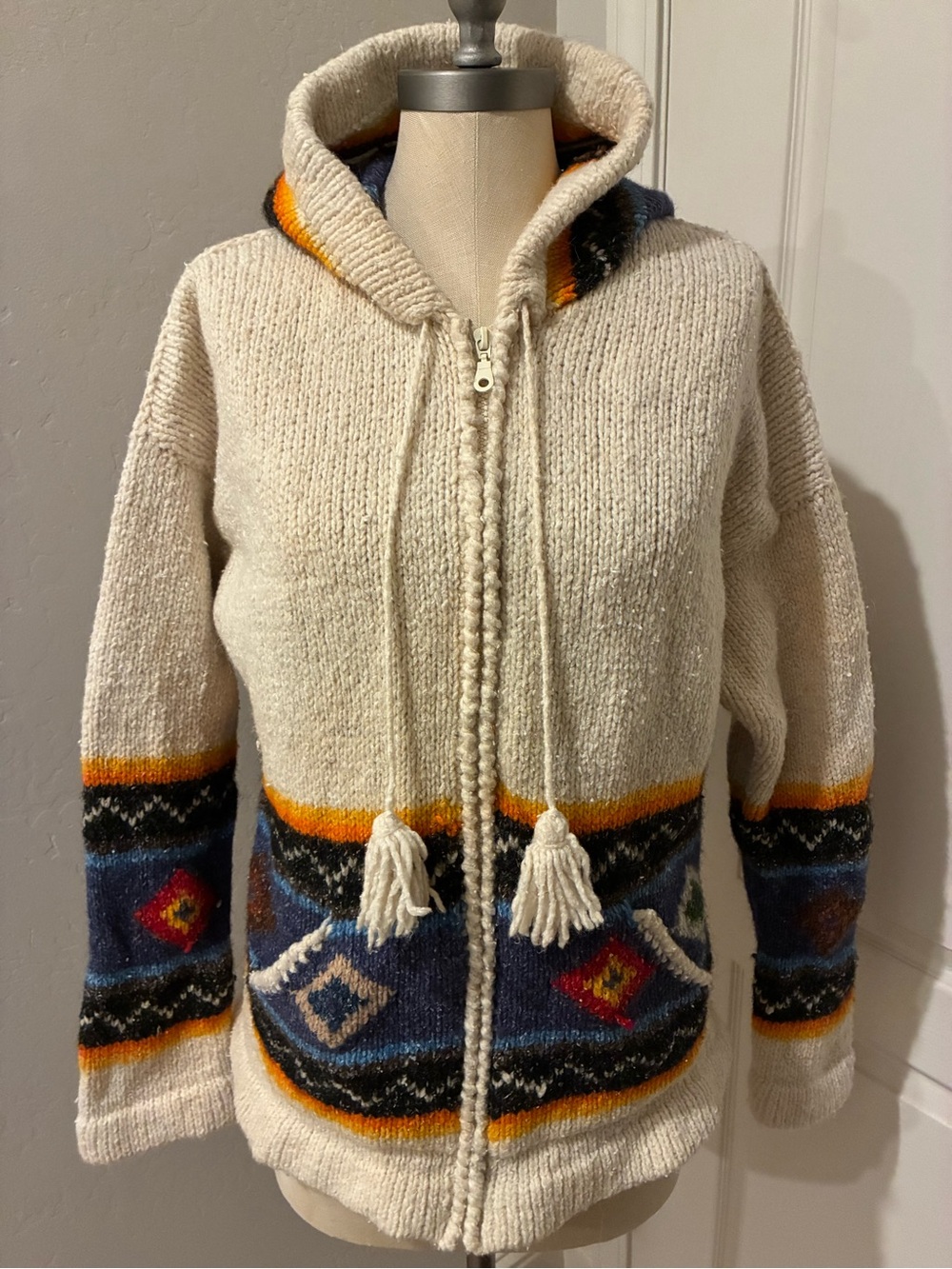 Cream Hand-knit Wool Blend Hooded Zip Sweater with Blue Geometric Trim